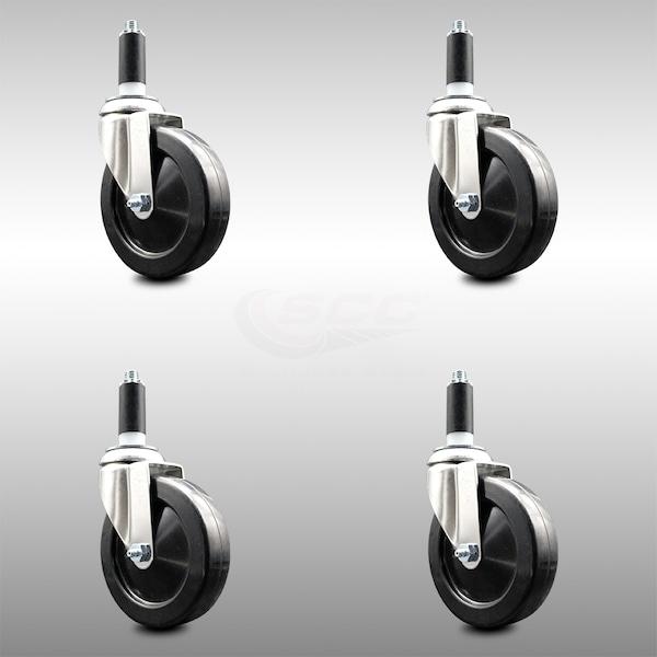 5 Inch 316SS Soft Rubber Wheel Swivel 1-1/8 Inch Expanding Stem Caster Set SCC